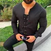 Men's Casual Shirts Solid Color Fashion Shirt Long Sleeve Blouses Men Clothing Summer Top Pullovers Collarless White Bandage 2053