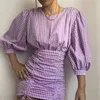 Şık Menekşe Ekose Mini Elbise O-Boyun Geri Fermuar Üç Çeyrek Kol Kadın Rahat ES Parti Chic Vestidos 210430