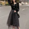 Women Vintage Mesh Solid Black V Neck Long Sleeve Knee Length Dress Sequined Velvet D1532 210514