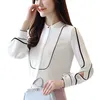 Kvinnor Chiffon Blouse Shirt Fashion White Stripes Långärmad Koreansk Lös Stand Collar Topp 930A 210420