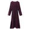 Roxo vestido de cetim mulheres outono v neck manga longa midi mulher elástica cintura elástica flared hems elegantes senhoras es 210519