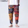 Homens moda floral calças de algodão casual pernas largas patalones solta fitness calça botão folgado tornozelo comprimento calças estilo étnico x0723