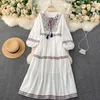 Bohemian Flowers Embroidery Beach Dress Summer Fashion Tassels Lace-up O-neck Long Sleeve Casual Loose Holidays 210603