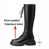 Meotina Platform High Heel Women Boots Real Leather Knee High Boots Zip Thick Heel Long Boots Lace Up Ladies Shoes Autumn Winter 210608