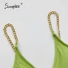 Sexy monokini de una pieza con cadena de metal, mono verde sólido, traje de baño calado, traje de baño de corte alto, 210414