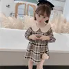 Plaid Girl Dress Autumn Peter Pan collar Princess long sleeve Free chain bears Kids Clothes 1-6T Q048 210610