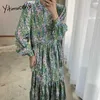 Yitimuceng Floral Print Jurken Dames Ruched Vintage Lange Jurk Koreaanse Mode Hoge Taille Groen Zwart Sundress Spring 210601