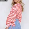 elegant Striped blouse women long sleeve crop top fashion v neck strappy female shirts Casual tops high street 210520