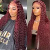 13x4 Deep Wave Forntal 30 32 34 tum Burgundy Färgad Röd Curly Lace Front Human Hair S 4x4 HD Stängning peruk