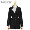 Elegante blazer negro para mujeres con muescas largas fajas delgadas rectas coreanas blazers femeninos ropa de moda de primavera 210524