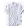 Oversized T-shirt voor Mannen Korte Mouw Katoen Linnen Witte Tee Losse Casual Mandarijn Kraag Solid 5XL kleding 210601