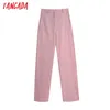 여성 핑크 정장 바지 빈티지 높은 허리 세련 된 패션 사이드 포켓 ​​지퍼 플라이 여성 바지 Be533 210416
