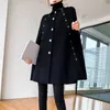 Czarny Cape Woolen Coat Kobiety Jesień Zima Średniej długości Luźny Szal Rocznika Płaszcz Wełniany 210924