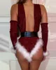 Рождественские женщины блестки сексуальный ползунок с длинным рукавом V-образным вырезом комбинезон пушистые отделка сексуальная вырез Тедди Femme Sleewweur Nightwear 210415