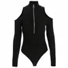 Rapgrount sexy fora ombro minimalista anel zíper corte frontal e costurar gola turtleneck sheer bodysuit mulheres manga comprida bodycon 210715