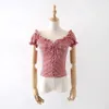 Summer Women Square Neck Lace Up Corset Bluzka Vintage Ruffle Dyma Neck and Puff Sleeve Top Koszulki Crop Kobiety 210508