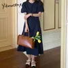 Yitimuceng Midi Sukienki dla kobiet Wysoka talia Krótki rękaw puff Whitevy Blue Sundress Summer Korean Moda Dress 210601
