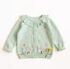 INS baby Girl Abbigliamento Cardigan lavorato a maglia Manica lunga Colletto con volant Design floreale Maglione verde 100% cotone Top Abbigliamento invernale caldo