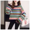 Höst Vinter Kvinnor Mode Pull Jumpers Striped Colorful Flare Sleeve Rainbow Chic Girls Sweater Oversize 210430