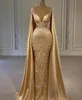 Gold Champagne Mermaid Prom Dresses with Long Cape Wrap Beaded Lace Appliqued arabic Queen Evening reception gown robes de soiré