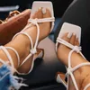 Damsandaler Smalt band Sexiga höga klackar Dam Gladiator Skor Bandage Strappy Heels Squre Toe Dammode Svart Stiletto X0526