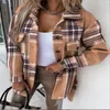 Women's Jackets Stylish Brushed Plaid Pocketed Autumn Long Sleeve Flannel Lapel Button Down Shirt Pocket Sweatshirt