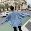 PERHAPS U Women Blue Denim Jacket Mandarin Collar Long Sleeve Solid Loose Oversize C0290 210529