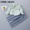 Lente kinderen meisjes 2-pcs sets polka dot lange shirts + denim broek kinderen jeans casual stijl kleding E2035 210610