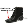 Real Leather Chunky Heels Short Boots Women Shoes Square Toe High Heel Zipper Lace Up Ankle Autumn Winter Black 40 210517