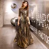 Robe De Soiree Evening Dress 2022 Gold Sequined Crystal O-Neck Black Floor-length Dinner Gowns