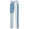 Stylowa łatana niebieska damska damska dżinsy dorywczo szczupły długi wysoki talia vintage drelichowe spodnie Y2K dla kobiet Harajuku Streetwear 210415