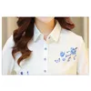 Long Sleeve Blue butterfly Flower Print Blouse Women Summer fall Top Elegant Work Office Plus Size Shirt White 53H 210420