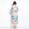 Summer Women Ruffled Lantern Sleeve Chiffon Dress Stand Collar Loose Floral Printed Button Down Beach Maxi Dresses Sexy Vestidos 210603