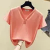 Casual White Pink Shirt Moda Damska Lato Krótki Rękaw V-Neck Tee Solid Tops Kobieta T-shirt 4957 50 210521