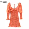 Yojoceli Floral Print Smocked Dres Bodycon Slim Puff Sleeve Party Streetwear Day Female Vestidos 210609