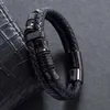 Men's Jewelry Black Stainless Steel Clasp Wristband Fashion Bangle Punk Woven Leather Cord Bracelet Q0719