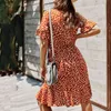 Elegancka Dama Midi Sukienka Kobiety Lato Kobiet Kobiet Kwiatowy Druku Ruffles A-Line Retro Czeski Plaża 210508