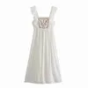 Verão Vestido Mulheres Embroidery Ruffled Straps Voltar Knotted Maxi Dress Elegante Chique Senhora Vestidos Vintage Mulheres Robe Femme 210709