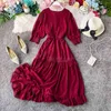 Vintage Summer Party Dress Women Solid Color Sexy V-Neck Ruffles Elegancka Długa Dress Beach Kobieta Red Midi Suknie Vestidos 210521