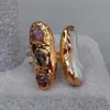 Y.YING Cultured Biwa Pearl Natural Tourmaline Rough Gold Plated Ring Adjustable