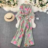 Nelloe Print Bohemian Holiday Jumpsuit Женщины Нерегулярный дизайн Высокая талия Бедра широкая нога Bodysuit V шеи FLARE PLAYPUTION 210423