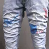 Moda Streetwear Mężczyźni Dżinsy Slim Fit Light Blue Elastyczna Bawełna Drukowana Designer Punk Style Hip Hop Denim Ołówek Spodnie Kecn