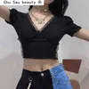 Moda Seksi Bodycon Dantel Kadınlar Yaz Kırpma Tops Siyah Backless Mesh Bandaj Kadın Giysileri Vintage Tee 210514