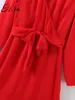 H.SA Kvinnor Långärmad Klänning Sexig Låg V Neck Red Bow Tied Waist Pläterad Vestidos Kvinna Chic Eleganta Klänningar 210417