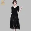 Two Piece Set Women Black Knitted Sweater And Embroidery Gauze Pleated Skirt Sets Suits Ladies Female Casual Office 2 210520