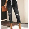 Dames jeans plus size gescheurde vrouwen recht drawstring mode casual straat hipster gewassen midden taille veerbroek lugentolo dames