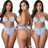 Vrouwen Essentials Nieuwe Bandage Kwastje Sexy Bikini Denim Pak Twee Stuk Set Badmode Vrouwelijke Mode Stijl Zwempak Pure Color Swim Wear