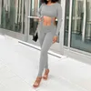 Ladies Sexy Sports Tracksuit Fall O-neck Sleeve Letter Print Crop Top And Leggings Long Pants Lace Up 2 Pcs Sets Streetwear 210517