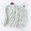 Vår damer pyjamas set blommig tryckt mjuk sleepwear bomull enkel stil kvinnor långärmad + pants 2piece set homewear 210713