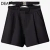 {DEAT} Frauen Schwarz Falten Kreuz Bajonett Gürtel Breite Bein Shorts Hohe Taille Slim Fit Hosen Mode Flut Sommer 7D1220 210421